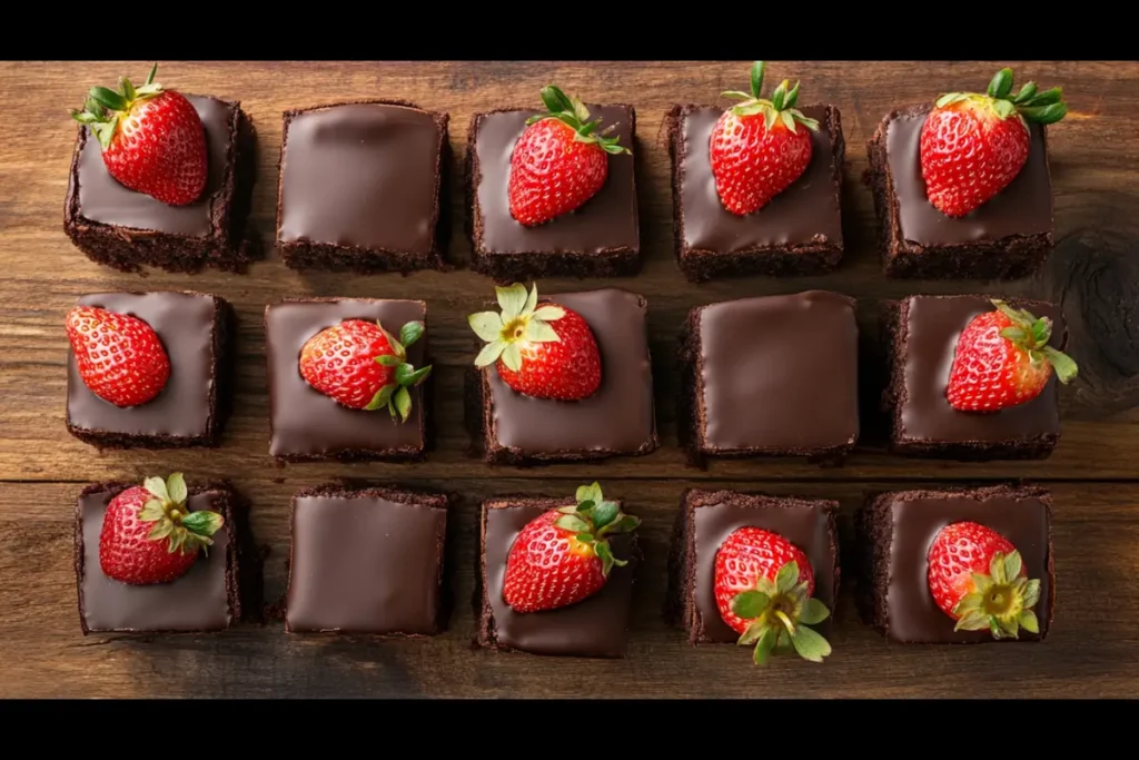 Fudgy chocolate brownies topped with strawberries and ganache

