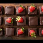 Fudgy chocolate brownies topped with strawberries and ganache