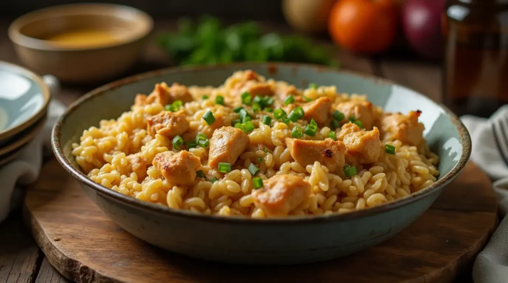 Creamy Smothered Chicken and Rice in a casserole dish

