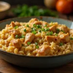 Creamy Smothered Chicken and Rice in a casserole dish