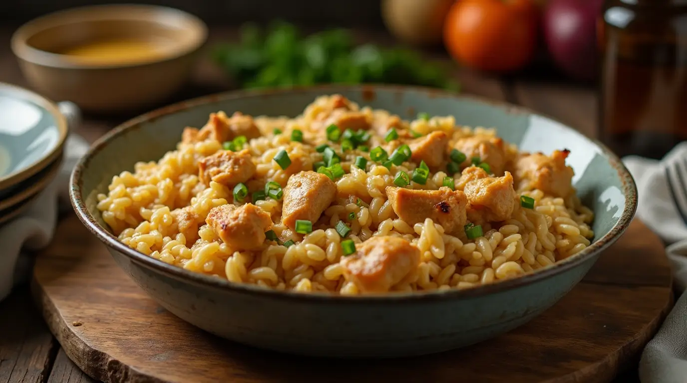 Creamy Smothered Chicken and Rice in a casserole dish