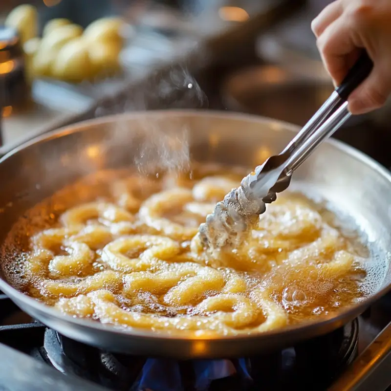 Frying funnel cake batter in hot oil
