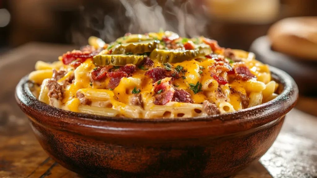  Loaded Bacon Cheeseburger Alfredo Pasta in a rustic bowl

