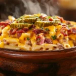 Loaded Bacon Cheeseburger Alfredo Pasta in a rustic bowl