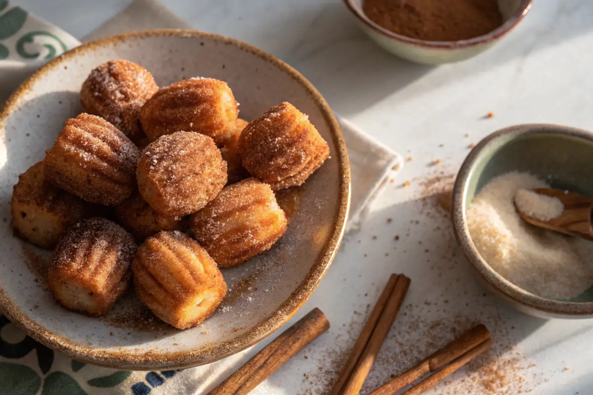 Baked churro bites on a plate with cinnamon sugar