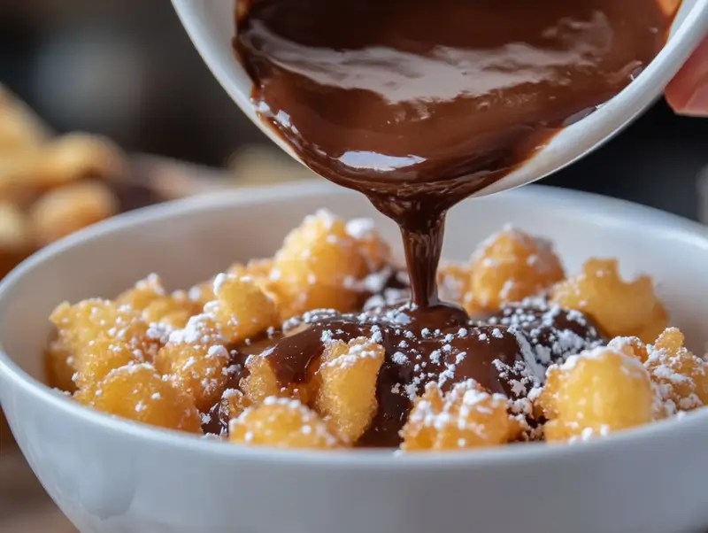  Plate of golden funnel cake bites dusted with powdered sugar