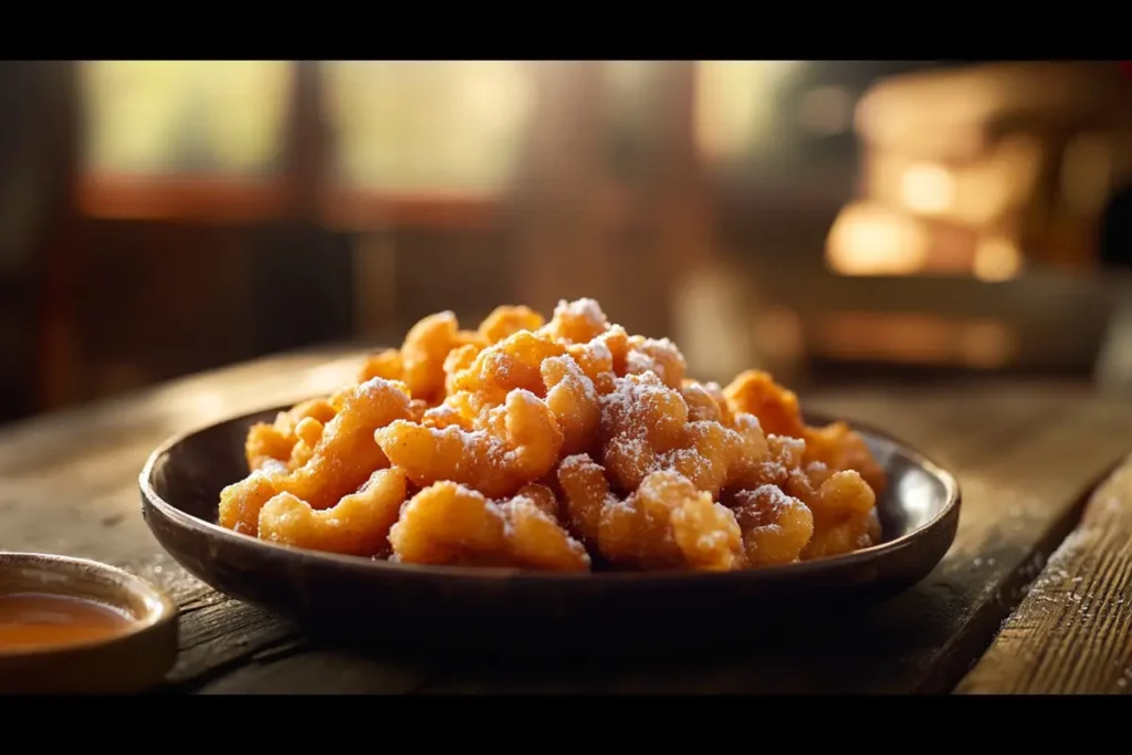  Plate of golden funnel cake bites dusted with powdered sugar

