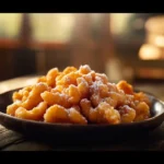 Plate of golden funnel cake bites dusted with powdered sugar
