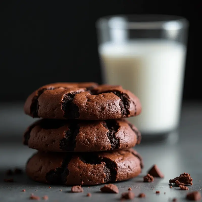  Stack of chocolate brownie cookies beside milk

