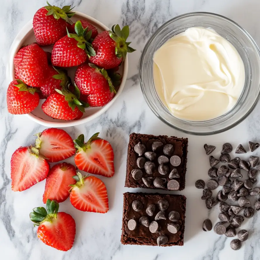  Ingredients for chocolate strawberry brownies on counter

