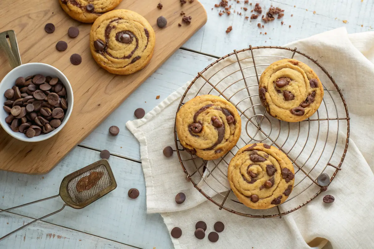 Peanut butter brownie swirl cookies on cooling rack