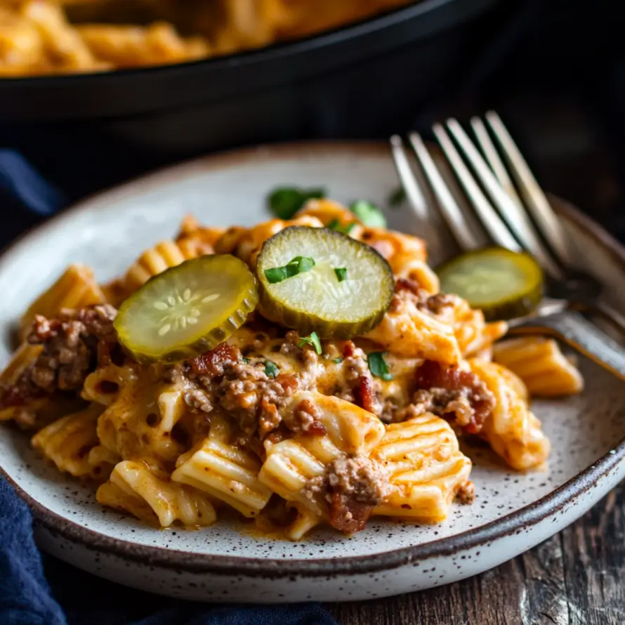  Close-up of Loaded Bacon Cheeseburger Alfredo Pasta

