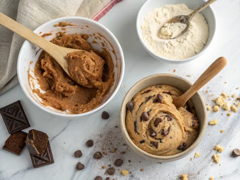 Peanut butter and brownie dough being mixed

