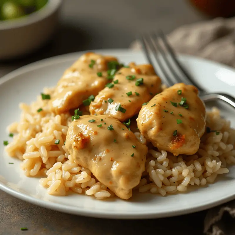  Served creamy chicken and rice steaming on a plate

