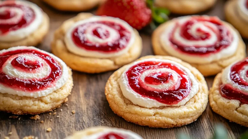 Strawberry cheesecake cookies on a rustic table

