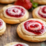 Strawberry cheesecake cookies on a rustic table
