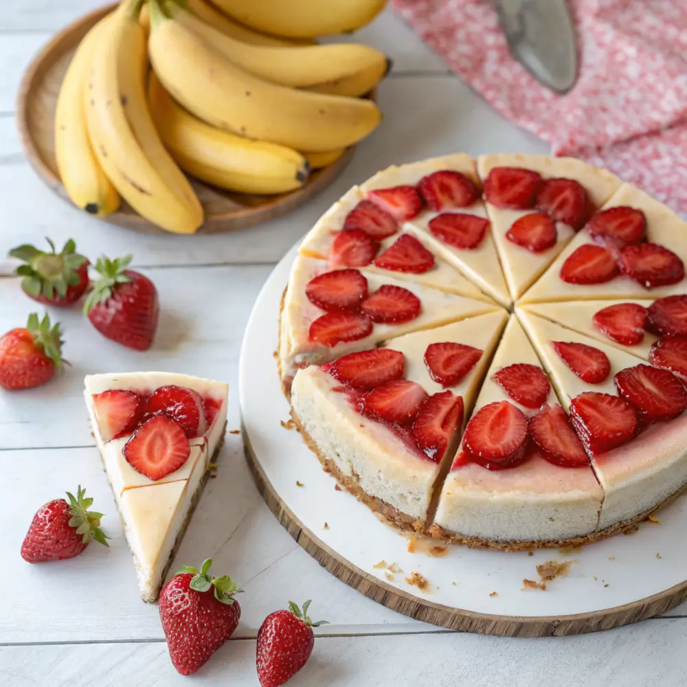 Whole banana strawberry cheesecake with toppings
