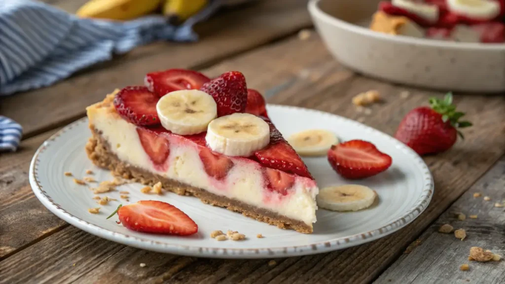 Banana Strawberry Cheesecake slice on rustic table