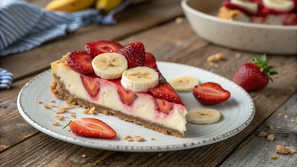 Banana Strawberry Cheesecake slice on rustic table