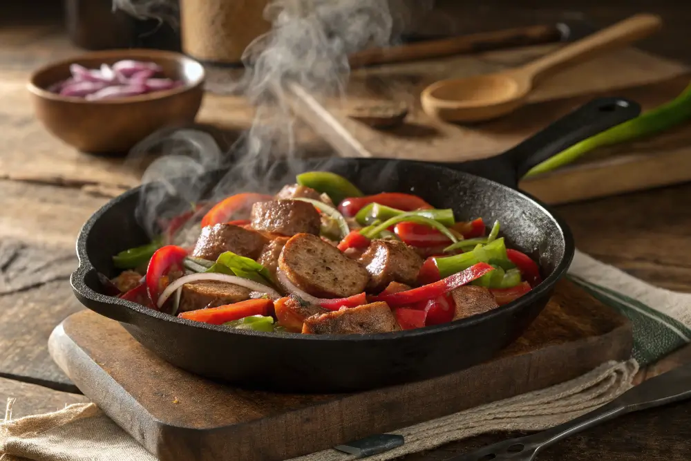 Cajun sausage and peppers cooking in cast iron skillet