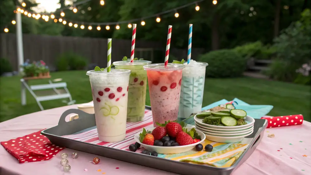 Candy Bubble Bliss drinks on party table with snacks