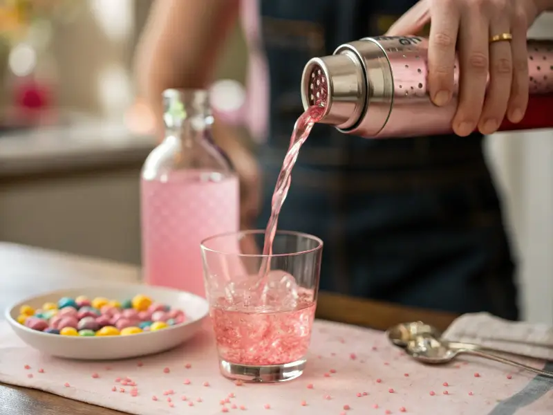 Pouring pink soda mixture into a glass with candy bubbles