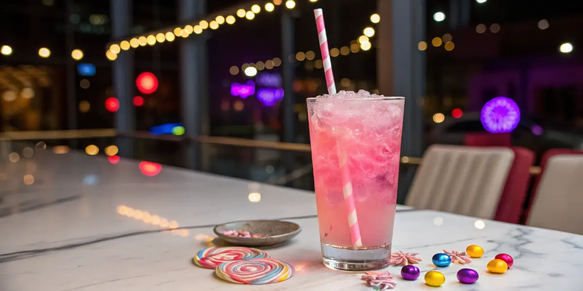 Colorful Candy Bubble Bliss mocktail with rock candy and bubbles
