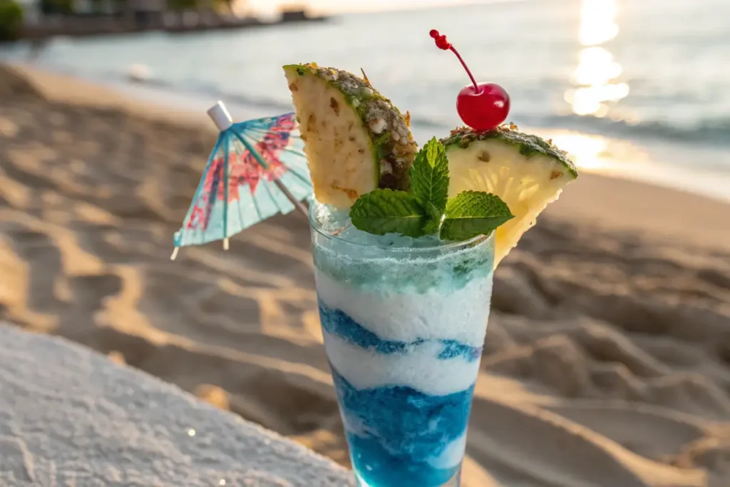 Tropical Ocean Love Colada cocktail with blue and white layers garnished with pineapple and cherry