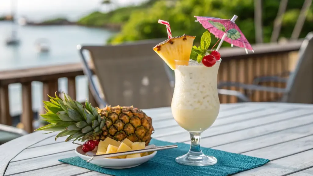 Garnished Ocean Love Colada cocktail on outdoor table with umbrella