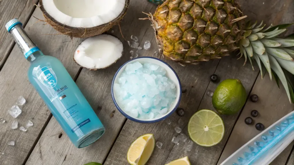 Fresh ingredients for Ocean Love Colada cocktail on wooden table