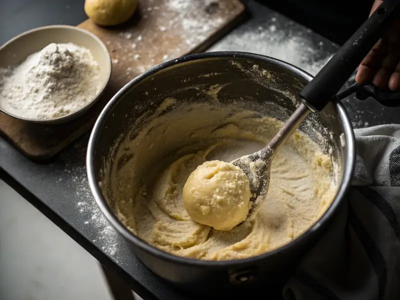 Stirring choux pastry in saucepan