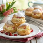 Rhubarb Cream Puffs on a plate with powdered sugar
