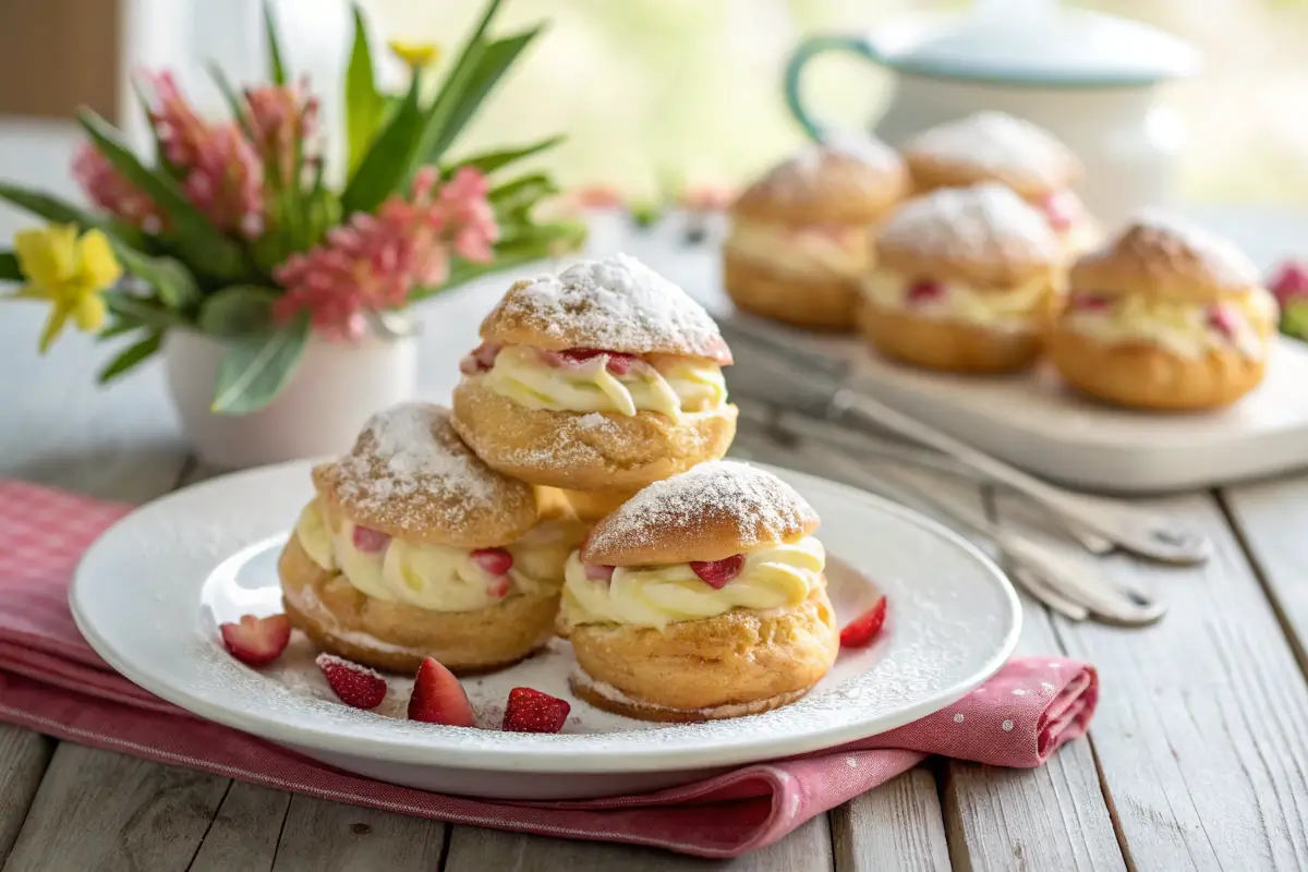 Rhubarb Cream Puffs on a plate with powdered sugar