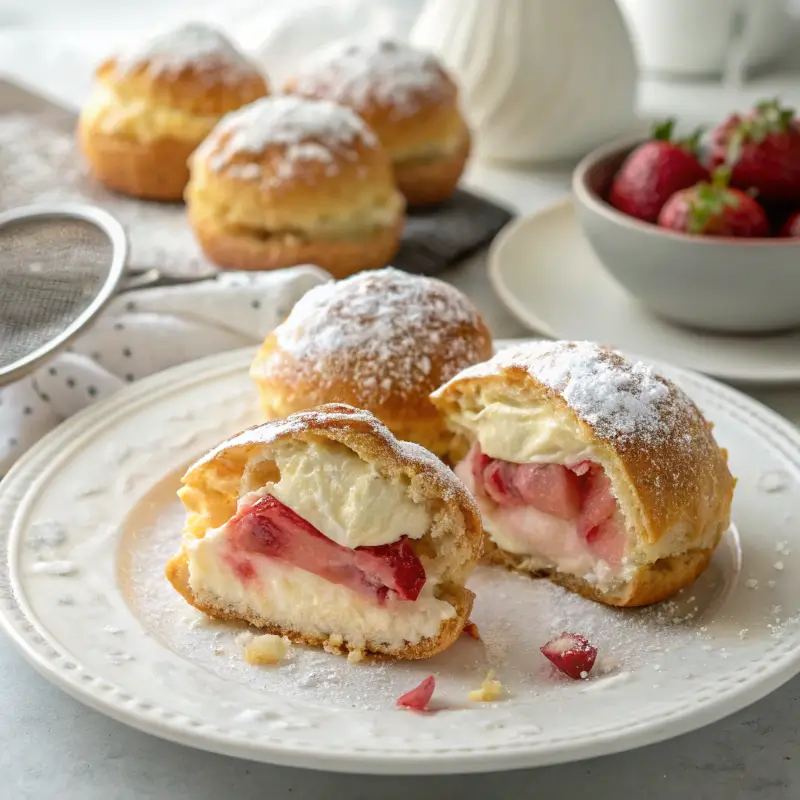 Finished rhubarb cream puffs dusted with sugar