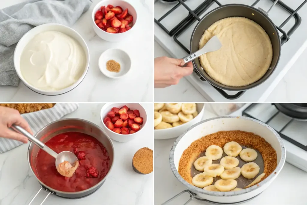 Banana strawberry cheesecake prep steps in a collage