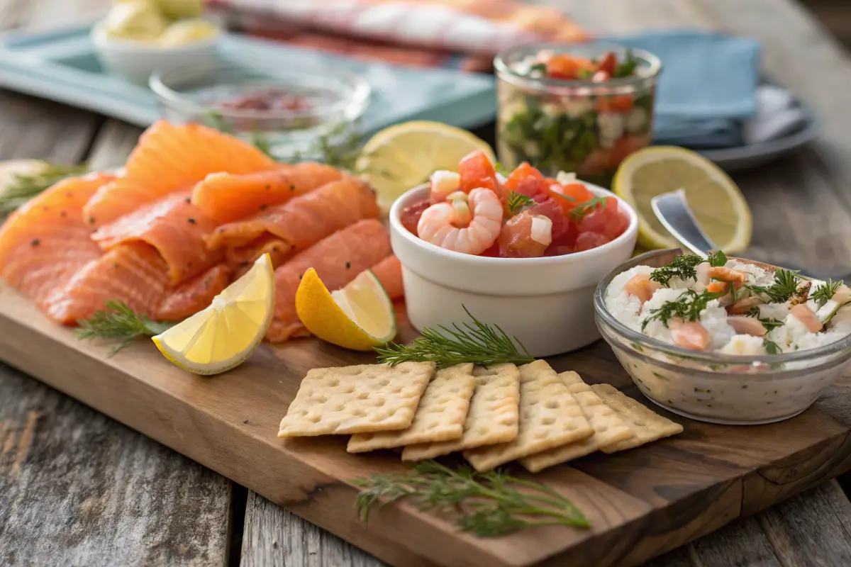 Seacuterie board with seafood and dips