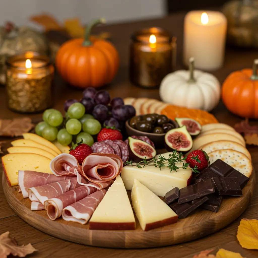 Autumn harvest charcuterie board with fruits, cheeses, prosciutto, salami, crackers, chocolate, and rosemary on a farmhouse table