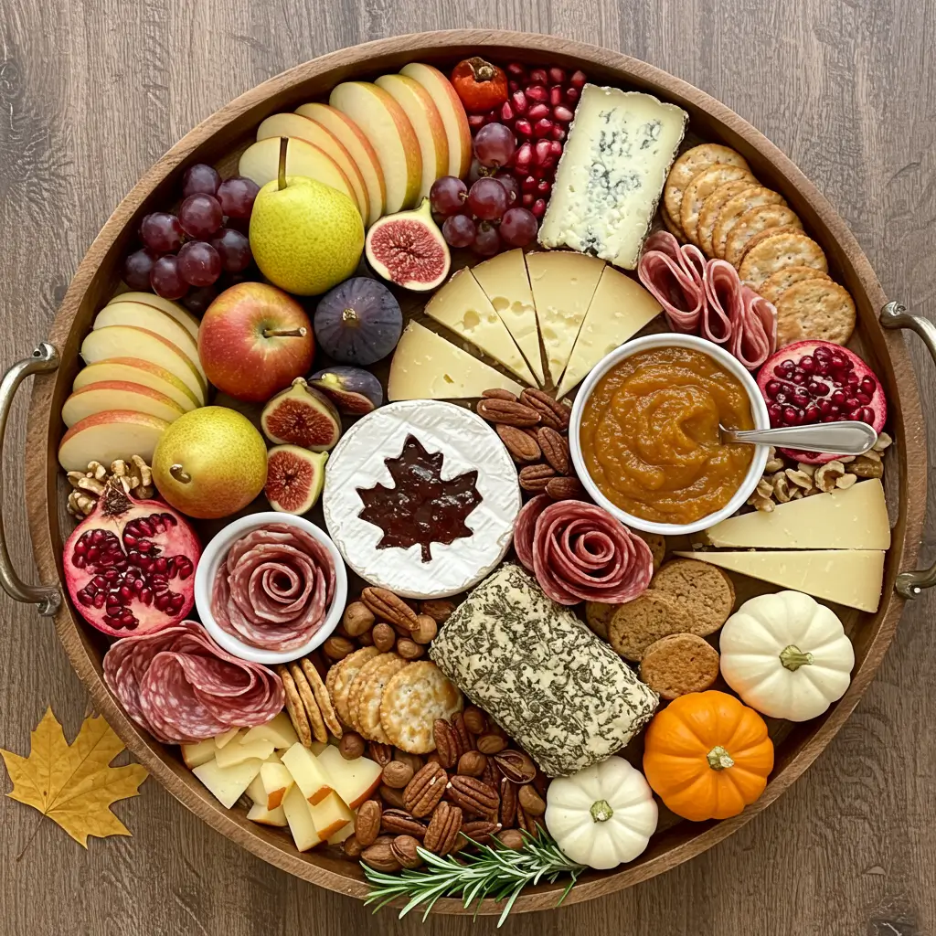 Fall charcuterie board with brie, cheddar, manchego, goat cheese, seasonal fruits, cured meats, crackers, nuts, and mini pumpkins on a rustic wooden tray