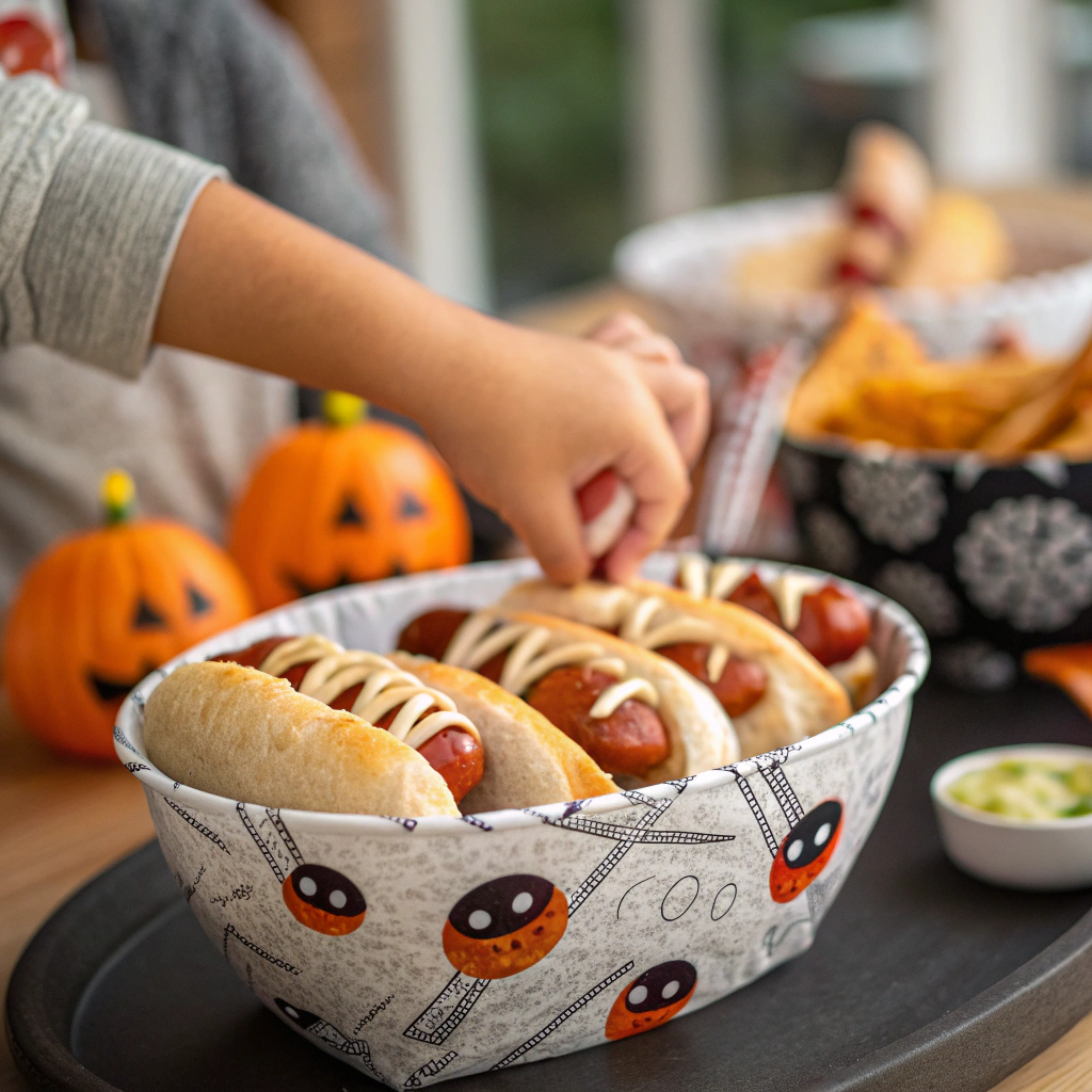final 58 - Mummy Hot Dogs with Mustard Eyes: A Spooktacular Halloween Treat